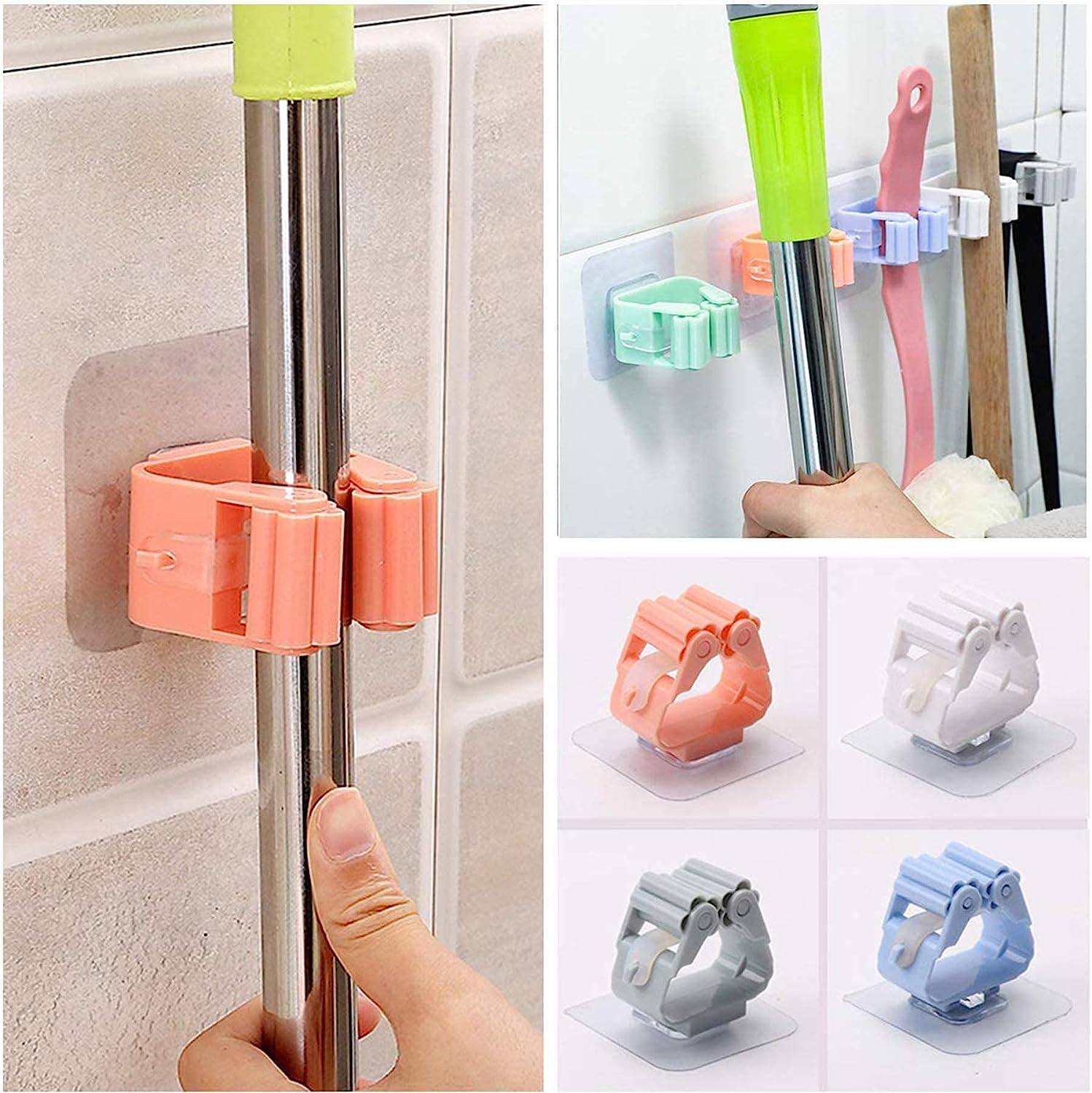 Adjustable wall-mounted broom and mop rack for storage Adjustable wall-mounted broom and mop rack for storage